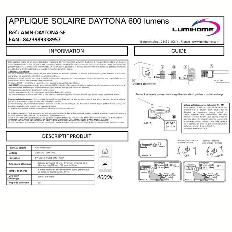 Applique Led extérieur solaire DAYTONA - Détecteur de mouvements - 3 modes d'éclairage 75 à 600 lumens - Mobalu Boutique