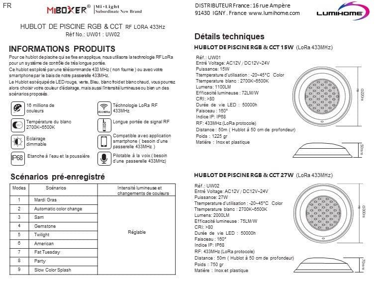 Hublot piscine RGB+CCT - 12~24V AC/DC - 15W Gamme LORA -1100 lumens - IP68 - Mobalu Boutique